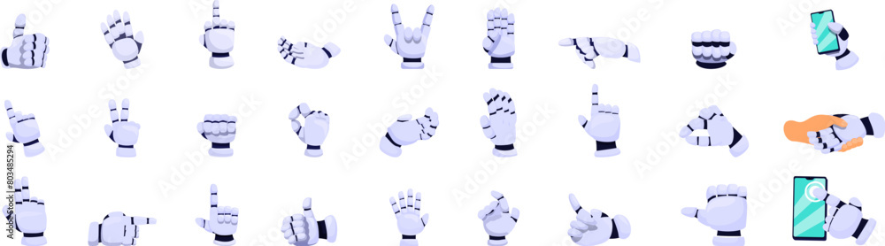 Robot hand gestures icons set cartoon vector. Mechanical cyborg. Bionic innovative