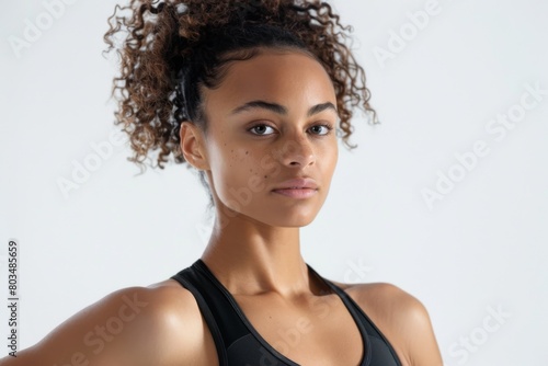 Front portrait of a fit young woman with a calm and composed expression