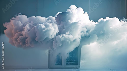 A cloud of smoke billows out of a server, indicating a potential hardware failure or overheating issue in a data center, Straightforward depiction of a cloud server on a blank canvas photo