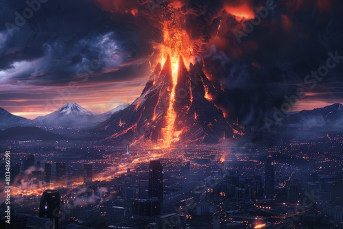 Fictional view of a volcanic eruption near a city. photo