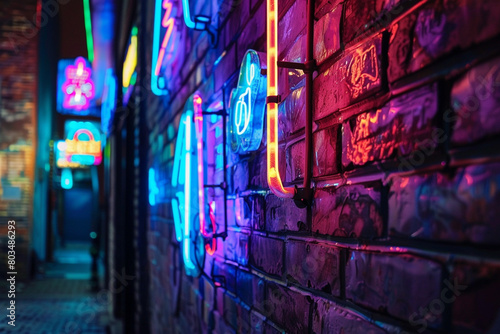 Neon tube signs casting a colorful glow on a brick wall, creating a captivating nighttime scene.