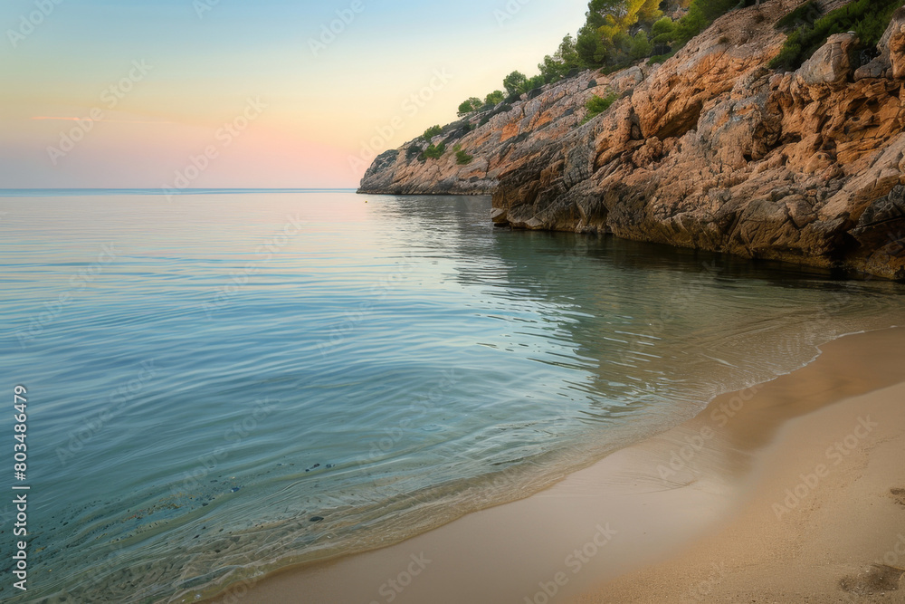 An image showcasing the tranquil and serene atmosphere of Cala Vadella in the early morning, emphasizing the clear, calm waters and the pristine sandy beach - Generative AI