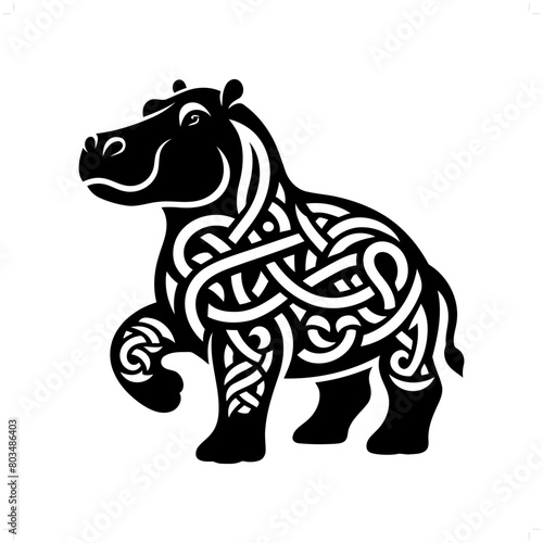 Hippo silhouette in animal celtic knot, irish, nordic illustration