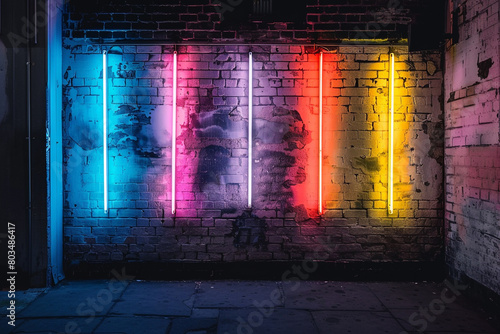 Neon tube signs casting a colorful glow on a brick wall  creating a captivating nighttime scene.