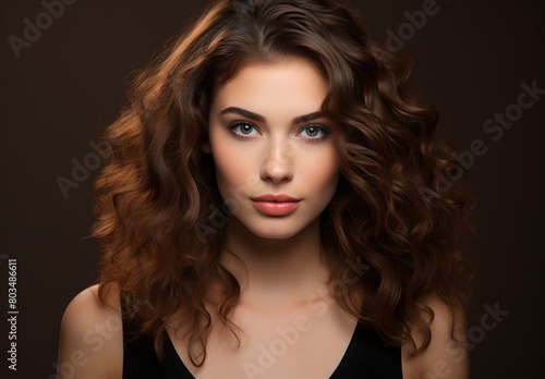 a woman with long brown hair and blue eyes