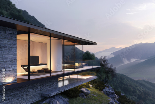 An image of a modern house perched on a mountainside, offering panoramic views of the valley below through expansive glass walls - Generative AI © MadalinaIonela