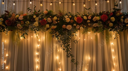 a flower arrangement is hanging from a curtain with lights behind it