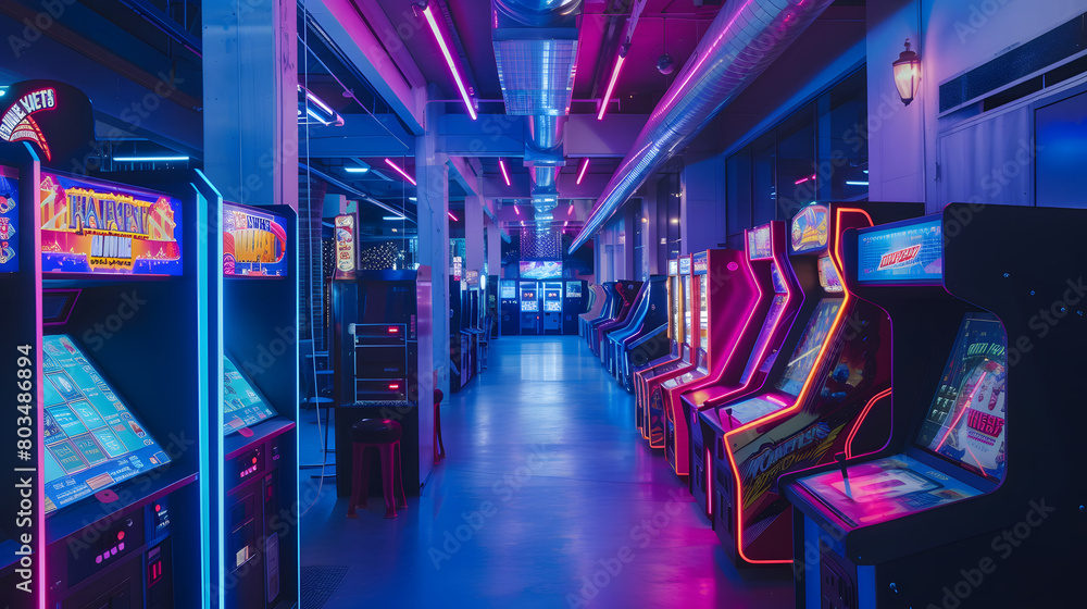 an alleyway of arcade machines that end at a laser tag stadium arena, the arcade is with blue and purple and pink neon lights;
an alleyway of arcade machines that end at a laser tag stadium arena, the arcade is with blue and purple and pink neon lights;