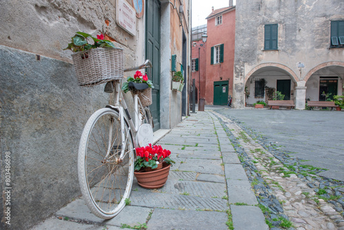 Vase of flowers placed on the bicycle