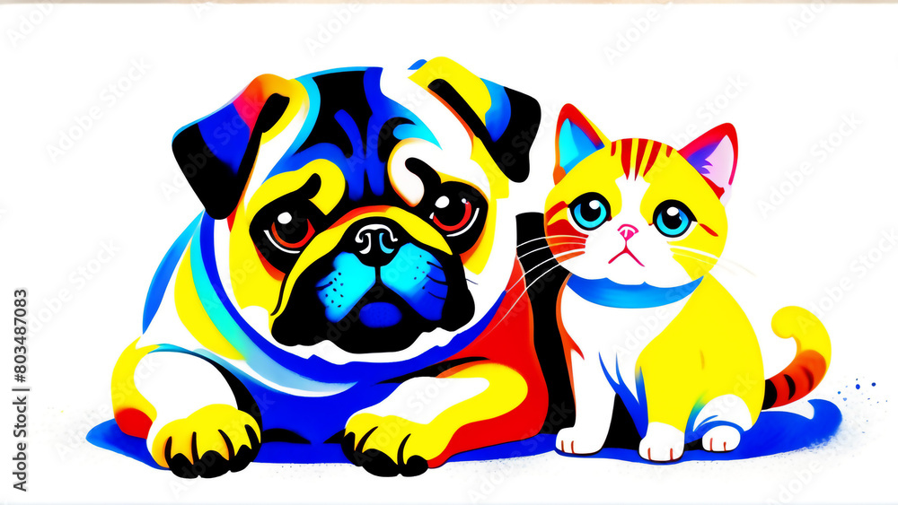 Fototapeta premium Cute pug puppy and tabby kitten resting side by side on a white background. AI generated.