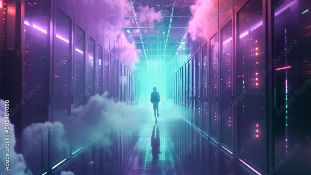 Man Standing in Hallway Surrounded by Clouds, Surreal depiction of data being securely encrypted in a cloud storage system Man Standing in Hallway Surrounded by Clouds, Surreal depiction of data being securely encrypted in a cloud storage system