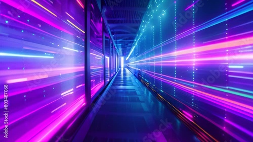 Wallpaper Mural A well-lit hallway stretches into the distance, adorned with colorful lights that cast a vibrant glow, Supercomputers competing in a processing speed race Torontodigital.ca