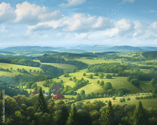 Create a photorealistic landscape scene of the Kraichgau region by day. The picture should show rolling hills surrounded by lush forests. The atmosphere should be cheerful and inviting, with a bright 
