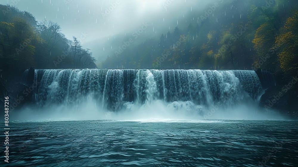 Fototapeta premium Hydraulic dam during peak flow, mist rising, power in nature, expansive and forceful