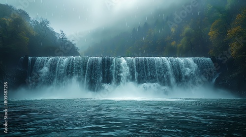 Hydraulic dam during peak flow, mist rising, power in nature, expansive and forceful © NeeArtwork