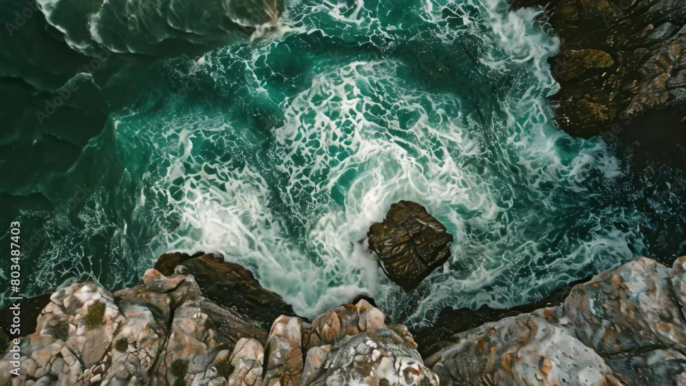 This photo captures a birds eye view of the ocean, showcasing crashing waves against a rugged coastline, Swooping bird's eye view of sea waves cresting against protruding rocks This photo captures a birds eye view of the ocean, showcasing crashing waves against a rugged coastline, Swooping bird's eye view of sea waves cresting against protruding rocks