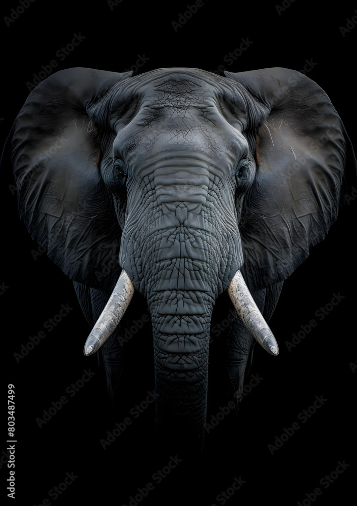 
image of a hyper realistic head of a elephant looking in the camera on a deep black background, ultra realistic, ultra sharp 4K