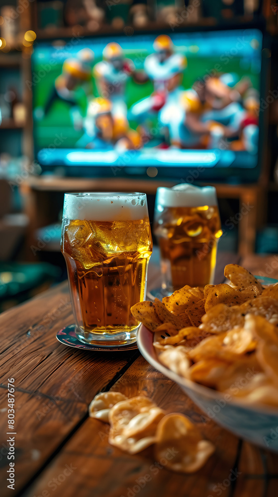 POV photography, table with chips, football and beers, television with superbowl on the background