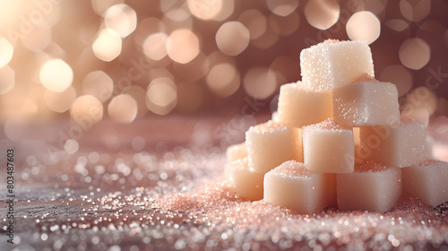 Pile of White Sugar Cubes on the Table, Representing Sweetness and Diabetes Concerns