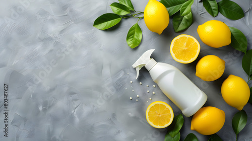 Plastic spray detergent bottle and lemons on gray background. Springtime flat lay composition. Spring cleaning concept and eco-friendly products. Minimalistic design for banner, poster with copy space