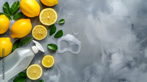 Plastic spray detergent bottle and lemons on gray background. Springtime flat lay composition. Spring cleaning concept and eco-friendly products. Minimalistic design for banner, poster with copy space photo