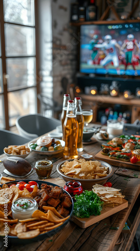 POV photography  table with chips  football and beers  television with superbowl on the background