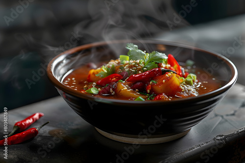 STYLE: Close-up Shot | GENRE: Gourmet | EMOTION: Tempting I SCENE: a bowl of delicious chili | TAGS: High-end food photography, clean composition, dramatic lighting, luxurious, elegant, mouth-watering photo