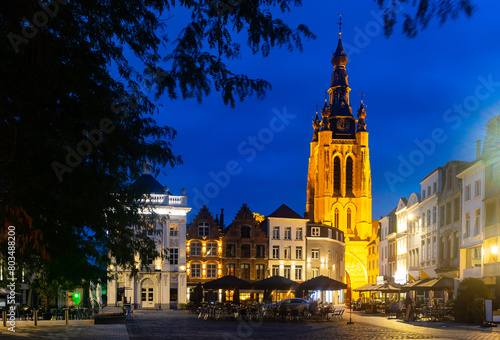 Evening landscape of the central Grote Markt square with a view of St. Martin Church in city of Kortrijk, Belgium photo