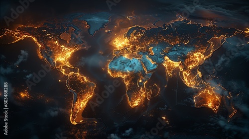 Illuminated world map in a nighttime setting, glowing cities marked, quiet and contemplative