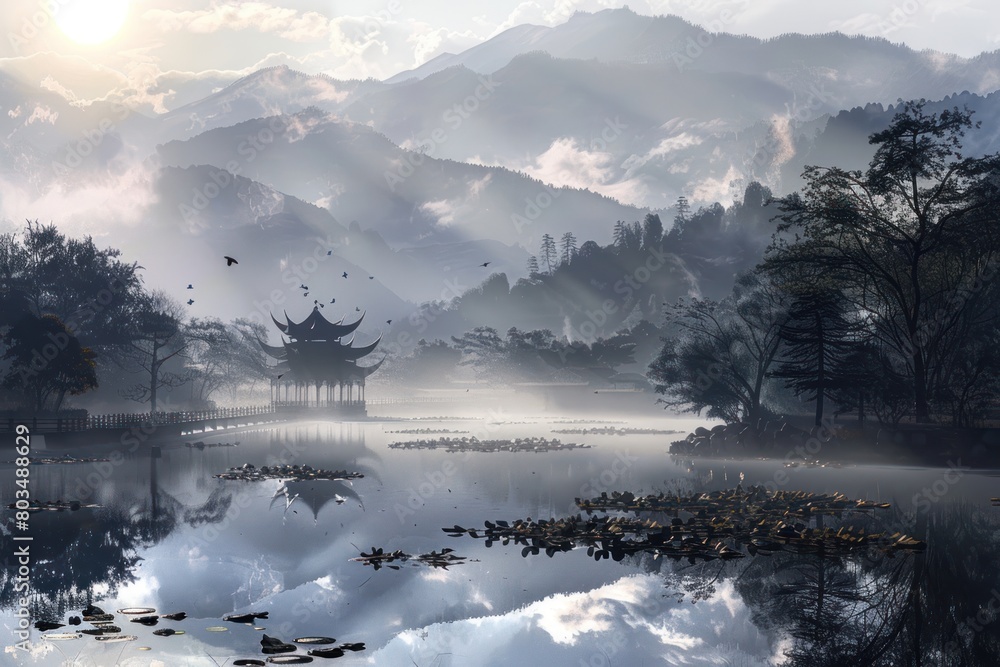 A serene landscape with a pond and a pagoda in the background