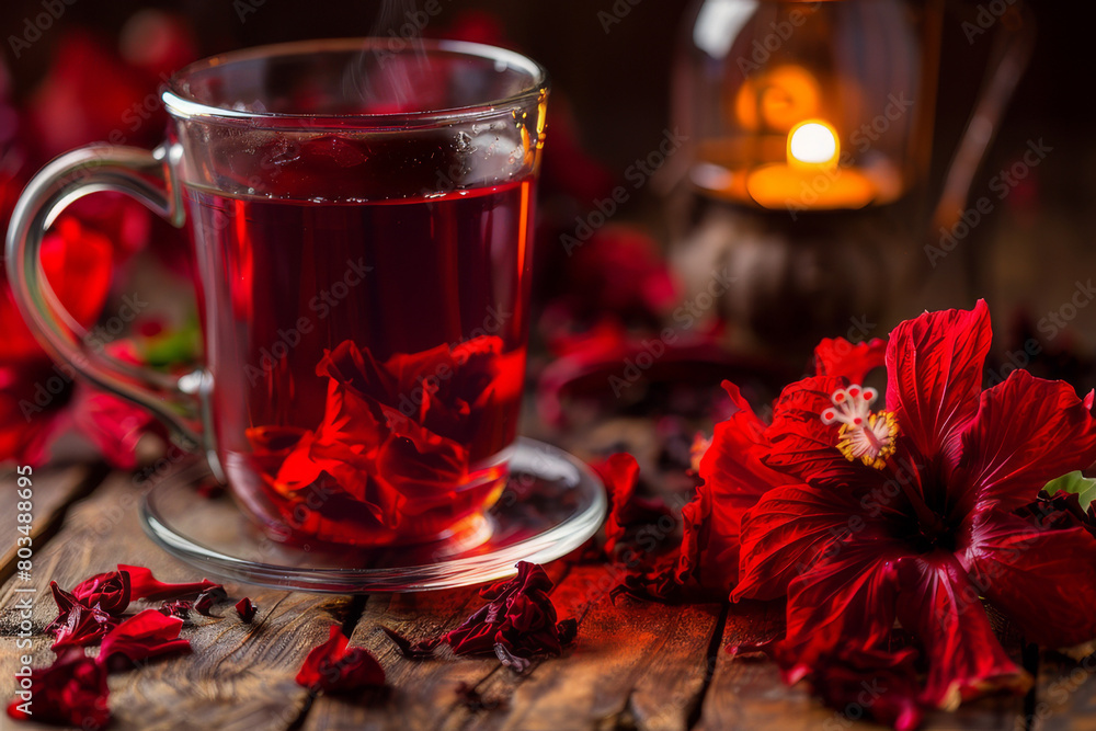 Hibiscus tea being prepared or served, emphasizing the cultural significance and health benefits of the beverage - Generative AI Hibiscus tea being prepared or served, emphasizing the cultural significance and health benefits of the beverage - Generative AI