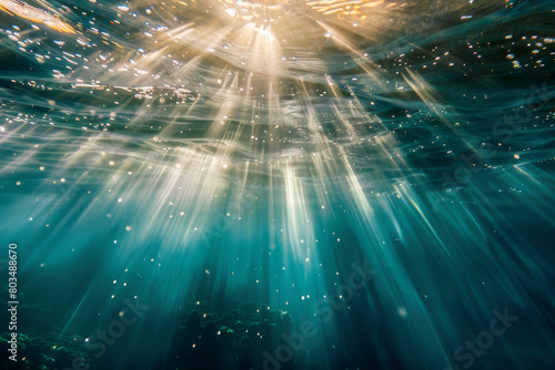 Sunlight filtering through the ocean's surface, creating beams of light that penetrate the underwater world - Generative AI