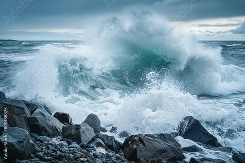 Powerful ocean waves crashing against a rocky shoreline during a storm.