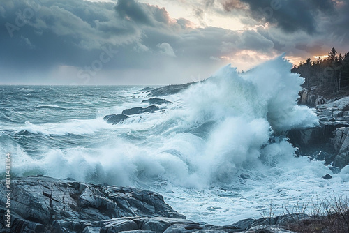Powerful ocean waves crashing against a rocky shoreline during a storm.