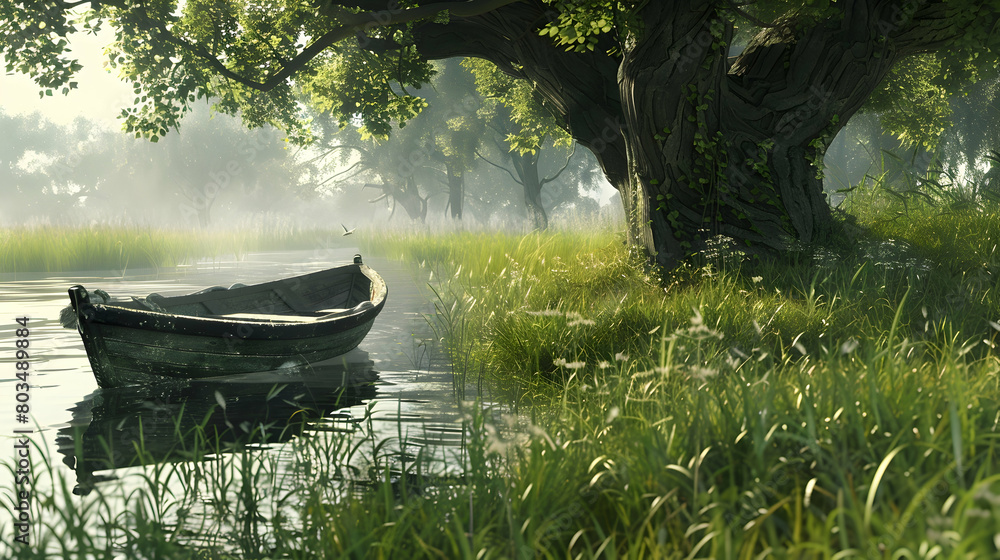 A quiet, secluded riverbank with a small wooden boat tied to a tree, surrounded by tall grass and the soft sounds of flowing water A quiet, secluded riverbank with a small wooden boat tied to a tree, surrounded by tall grass and the soft sounds of flowing water
