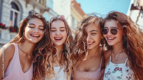 Group of beautiful young girls having fun together. Summer happy time in the city. Friends walking, smiling.