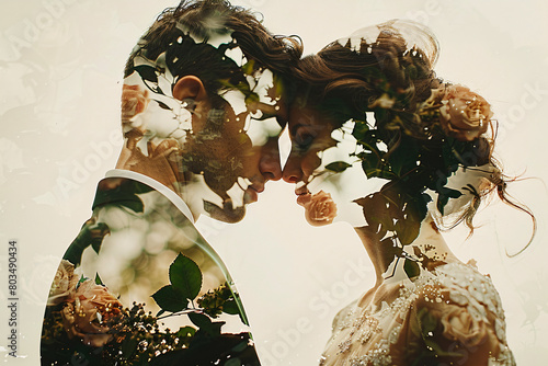 Double-exposure image of a beautiful bride and groom and plants and trees, wedding photo inspiration photo