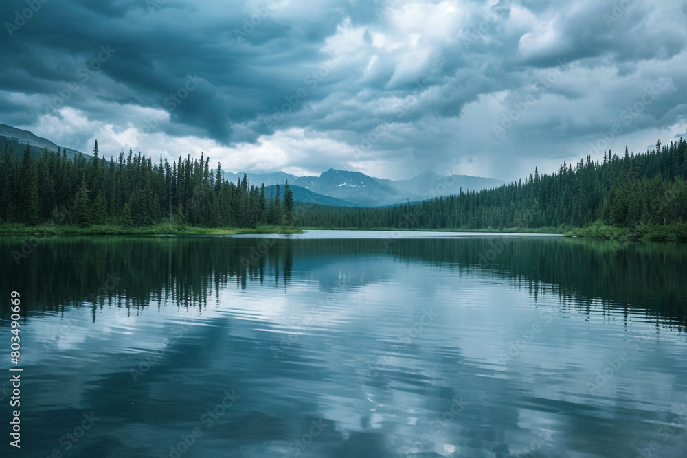 Stormy skies reflected in a serene lake, creating a sense of tranquility.