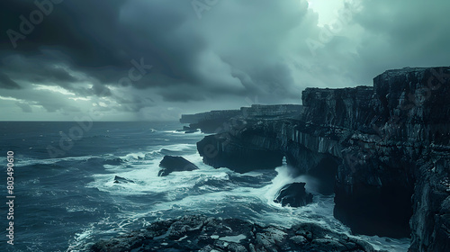 A rugged coastline with jagged cliffs and wild ocean waves crashing below under a stormy sky, capturing the dynamic energy of nature