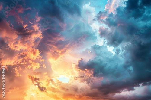 Stormy sky at sunset, with vibrant colors and dramatic cloud formations.