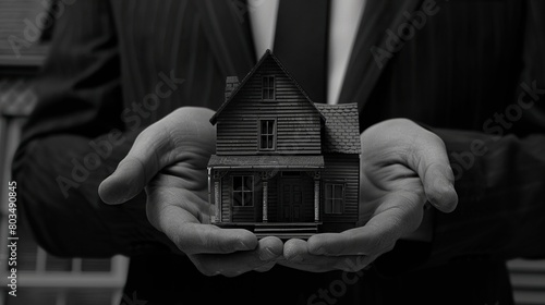 A black and white photo of a person holding a small model house in the palm of their hands.