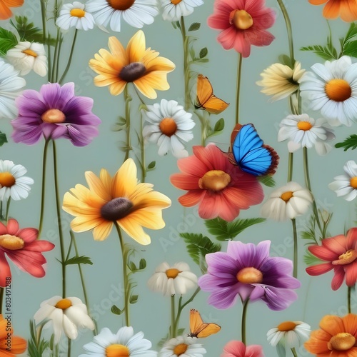 Set of whimsical meadows with colorful flowers and fluttering butterflies1