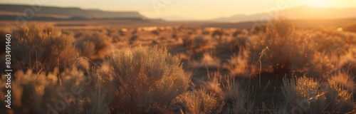 A scrubland during the golden hour, highlighting the long shadows and warm tones of the bushes and grasses