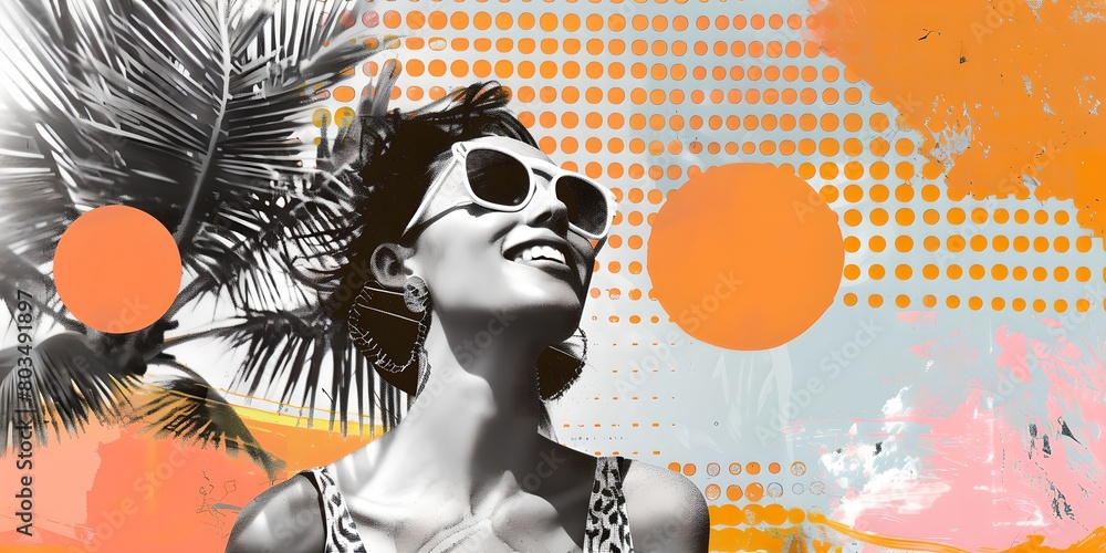 Stylish woman in sunglasses with tropical palm abstract background. Contemporary art collage. Summer vacation and fashion concept. Retro aesthetics, vintage. Design for poster, print, banner