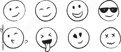 Set of Hand drawn sketch style. Emoji with different emotion mood, happy, sad, smile face icon collection. Vector Illustration.