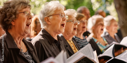 Group of senior women and men singing together at choir rehearsal. A community choir performing at a local nursing home. Hobbies and leisure for elderly people. © MNStudio