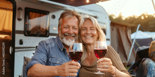 Happy mature couple sitting by their caravan home drinking red wine. Senior husband and wife traveling on holidays by trailer camper van.