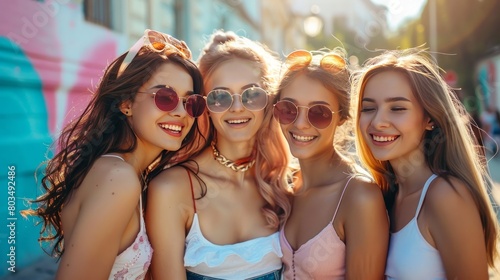Group of beautiful young girls having fun together. Summer happy time in the city. Friends walking, smiling
