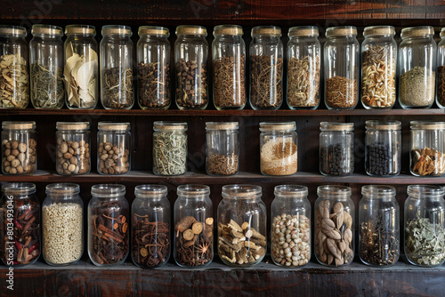 The collection of various dry goods used in brewing bitter gourd tea, arranged neatly in glass jars.