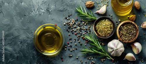 Traditional style still life featuring olive oil and seasoning food, with space for text. photo